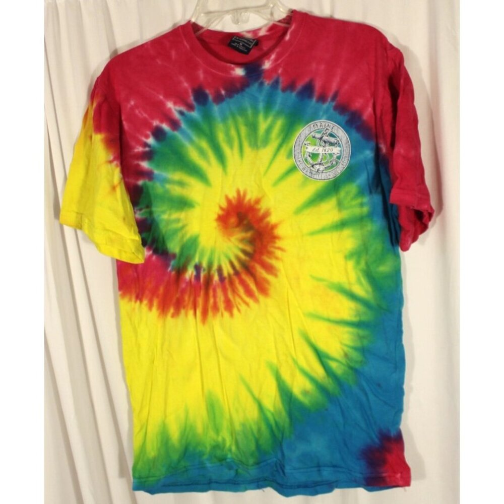 Vintage Rainbow Tie-Dye Maine Short Sleeve T-Shirt 100% Cotton Size Medium Retro